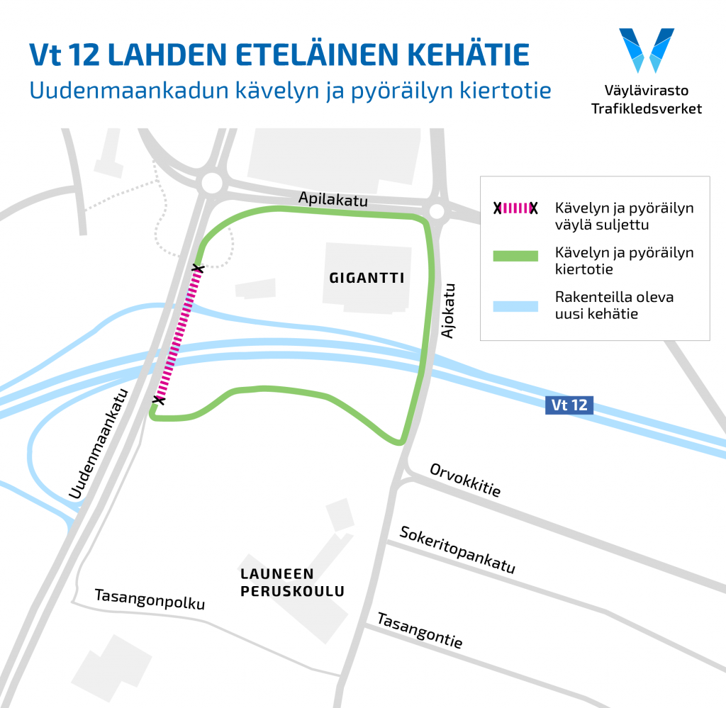 Karttakuva, jossa Launeen silta Uudenmaankadulla on merkattu suljetuksi ja kävelyn sekä pyöräilyn kiertoreitti on ohjattu Ajokadun sillan kautta.