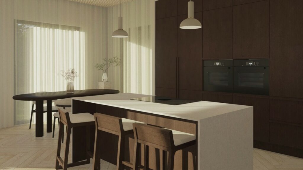 Esimerkkikuva rakennettavan talon keittiöstä, jossa näkyy kaappeja sekä saareke,