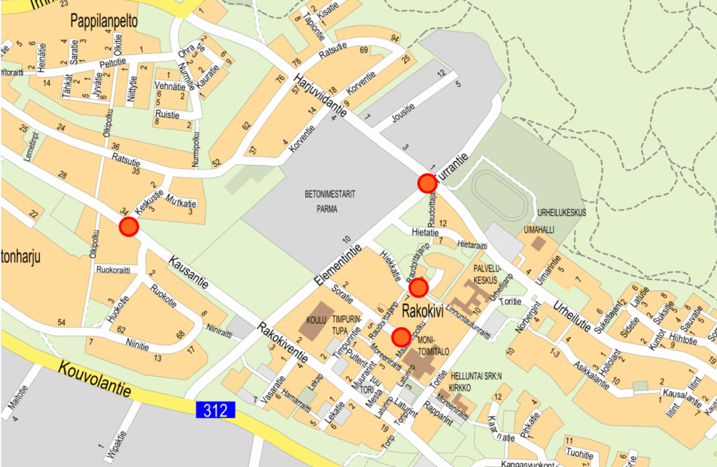 Rakokiven liikenneturvallisuuskohteet esitettynä kartalla