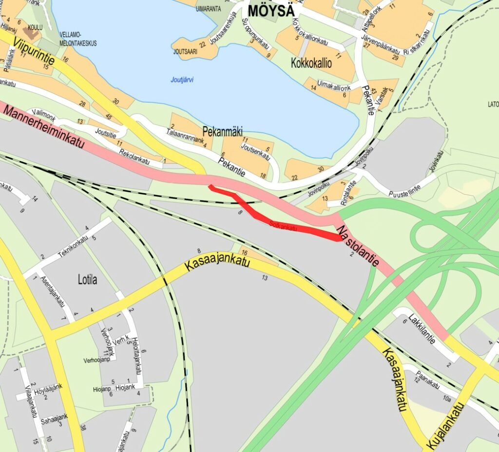 Mannerheiminkadun jalankulku- ja pyöräilyväylä Sotkankadun kohdalla, suunnittelualue kartalla