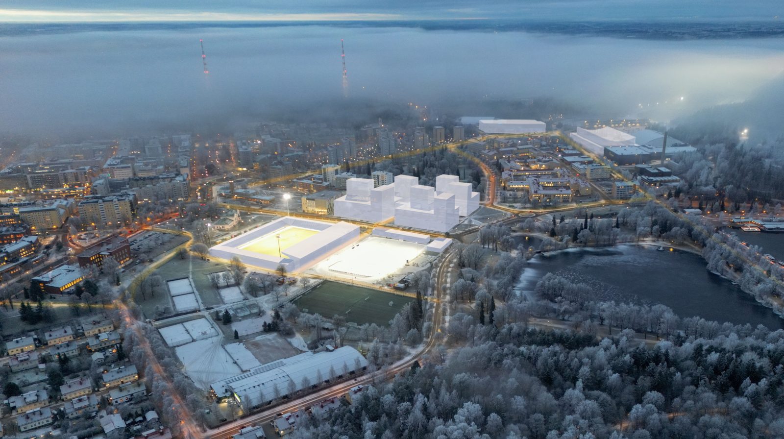 Havainnekuva, jossa näkyy tulevaisuuden rakennusmassoja Kisapuiston ja Ranta-kartanon alueella.