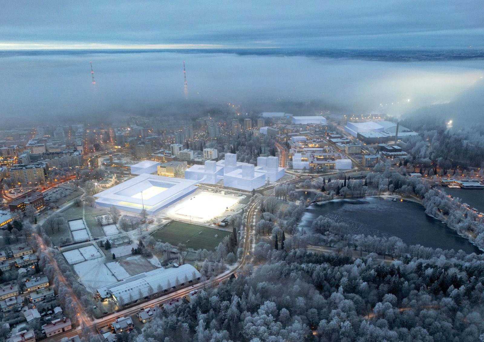 Havainnekuva, jossa näkyy korkealta uutta rakentamista Ranta-kartanoon ja Urheilukeskukseen