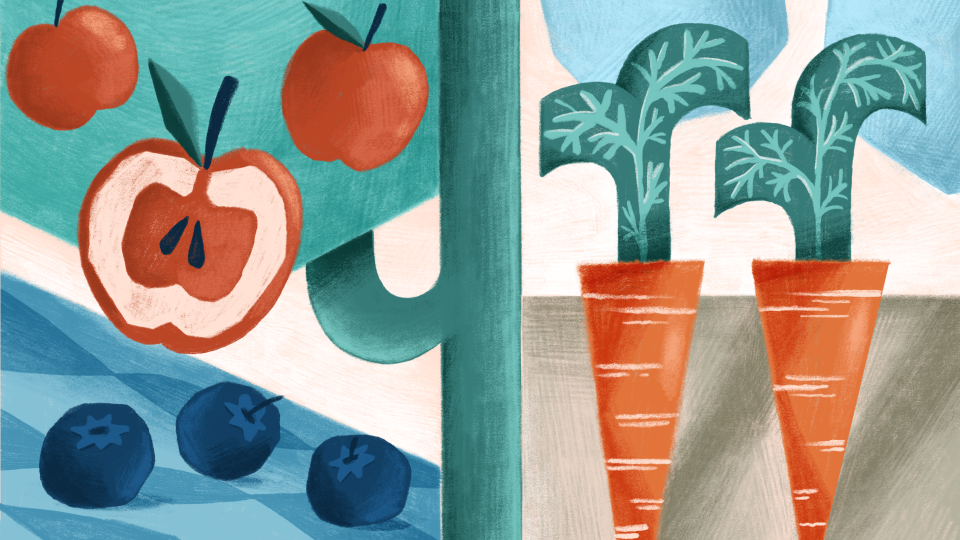 Kuvituskuvassa värikkäitä kasviksia Lahden brändi-ilmeen mukaisesti tyylitellen