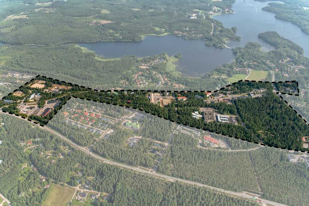 Ilmakuva Nastolan kirkonkylän alueelta, suunnittelualue rajattuna kuvassa.