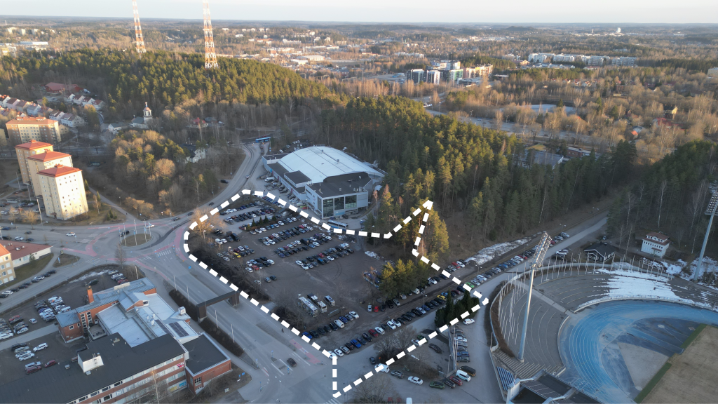 Ilmakuva aluerajauksella suunnittelualueesta