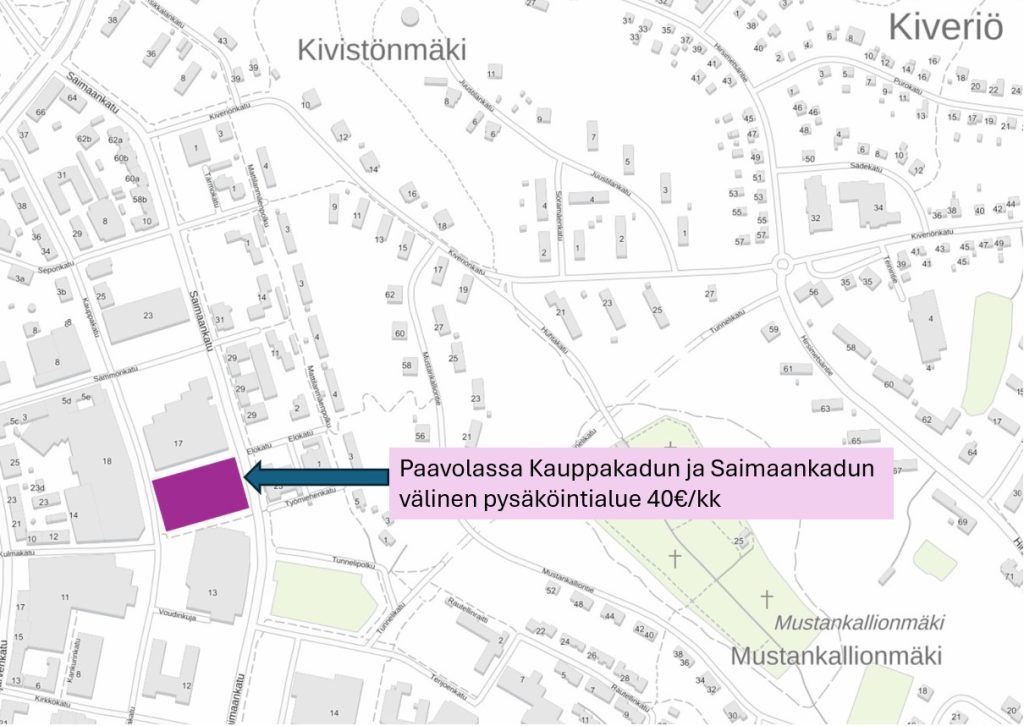 Karttakuva Paavolasta, Kauppakadun ja Saimaankadun välinen pysäköintialue 40 €/kk
