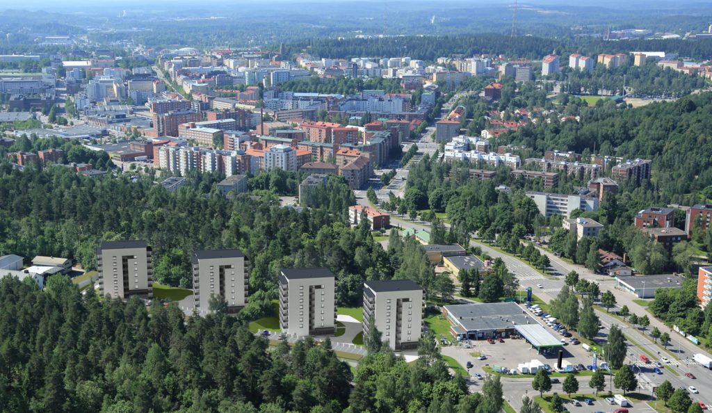 Havainnekuva Hirsimetsäntielle suunnitelluista neljästä kerrostalosta.