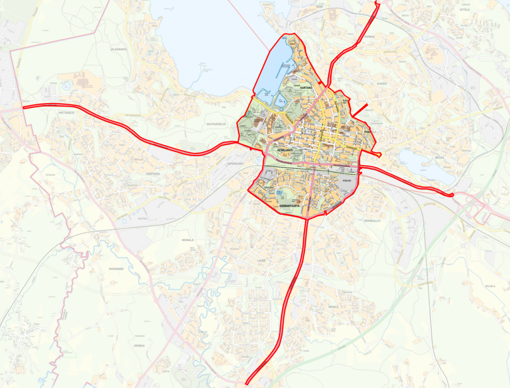 Kartakuvan päälle rajattu punaisella keskustan urakka-alueen rajaus.