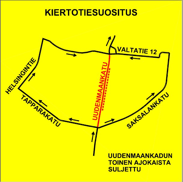 Uudenmaankadun työmaa-alueen voi kiertää joko Saksalankadun tai Tapparankadun kautta.