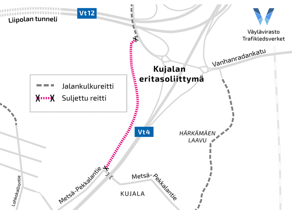 Yksinkertaistettu karttakuva suljetun ulkoilureitin sijainnista Metsä-Pekkalan alikulun ja Vanhanradankadun välissä.