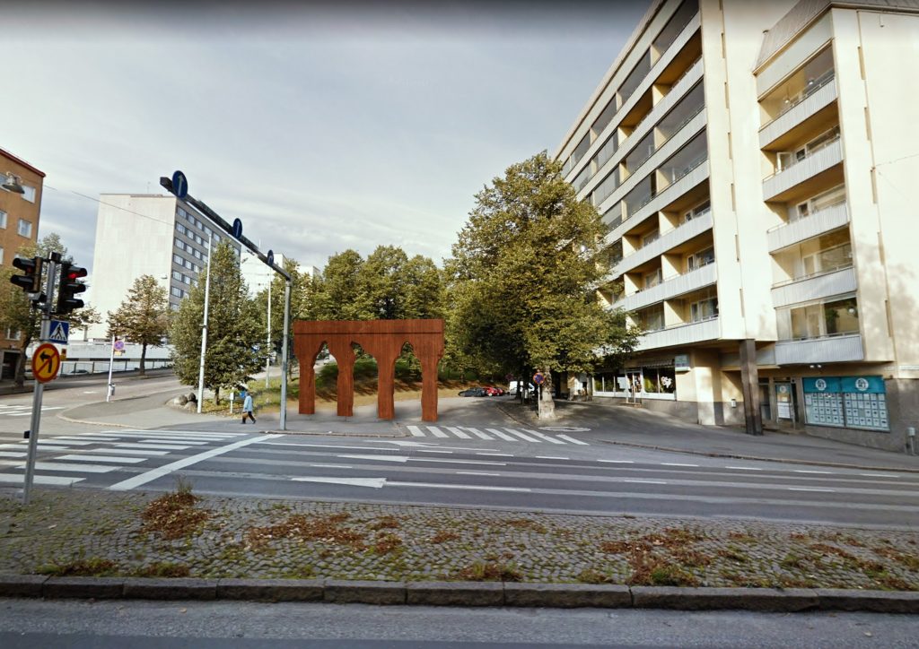 Havainnekuva Kylän portti -teoksesta Vesijärvenkadulta avautuvassa katunäkymässä Viiskulman taideaukion suuntaan.