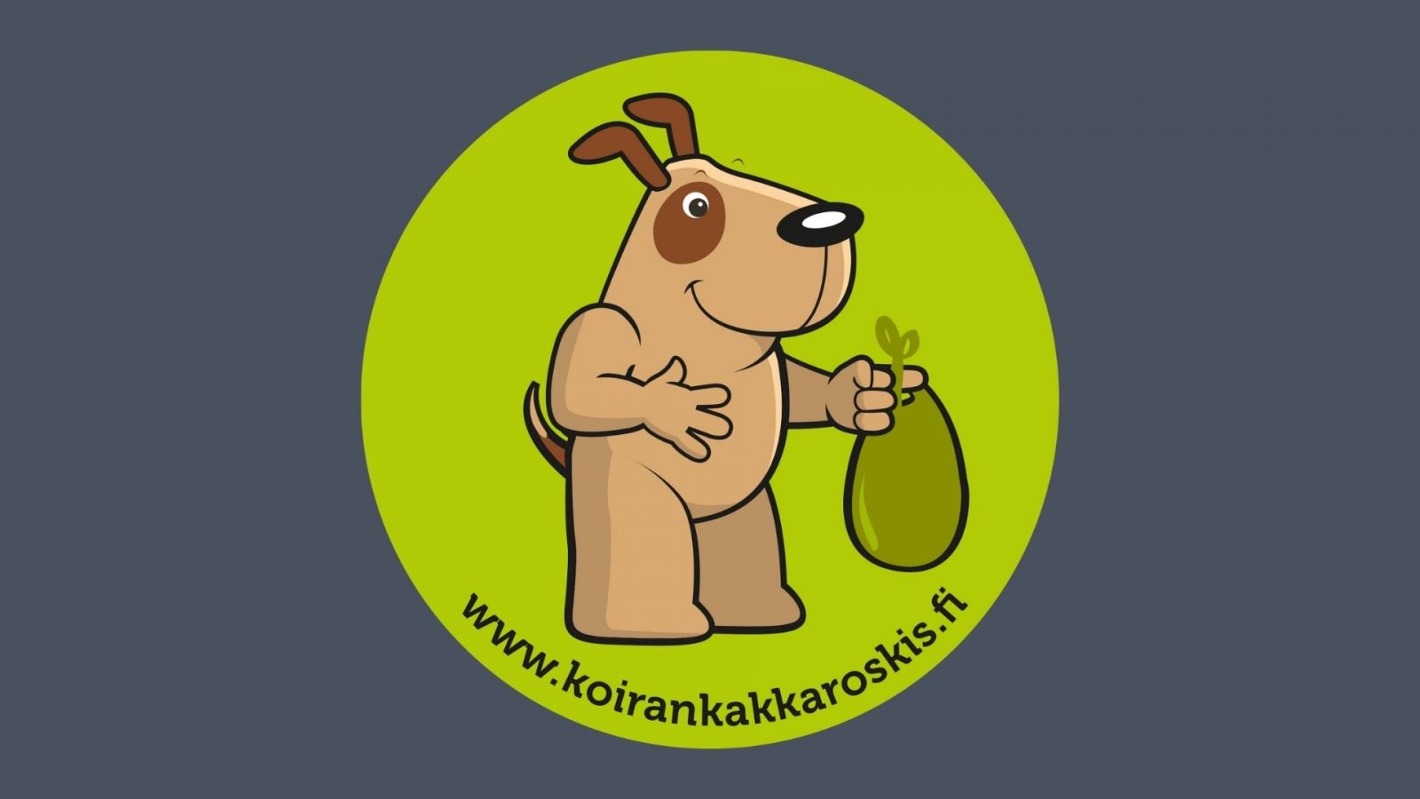 Koirankakkaroskiksen tunnus on jätöspussia kantava koira. Alla on teksti www.koirankakkaroskis.fi.