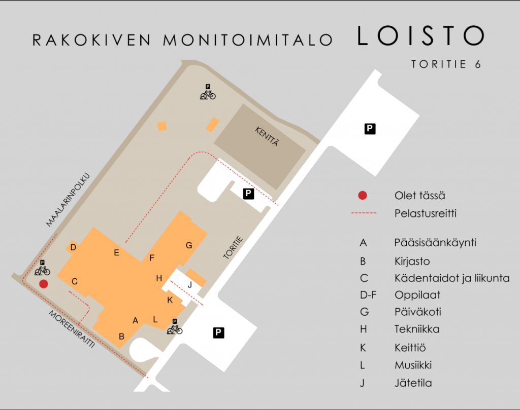 Rakokiven monitoimitalo Loiston piha-alueen opaskartta