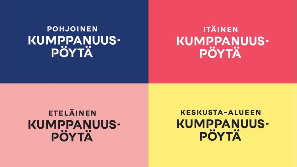 Kumppanuuspöydät tunnistaa niiden tunnusväreistä: pohjoinen kumppanuuspöytä sininen, itäinen kumppanuuspöytä punainen, eteläinen kumppanuuspöytä vaaleanpunainen, keskusta-alueen kumppanuuspöytä keltainen