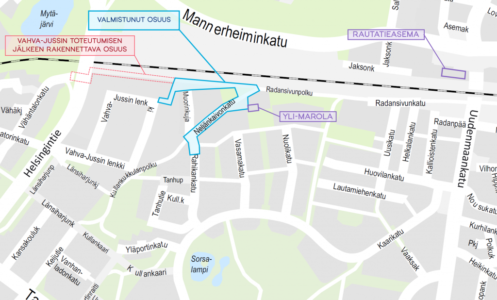 Yksinkertaistettu karttakuva Teräsmuorinraitin sijainnista ja vaiheistuksesta.