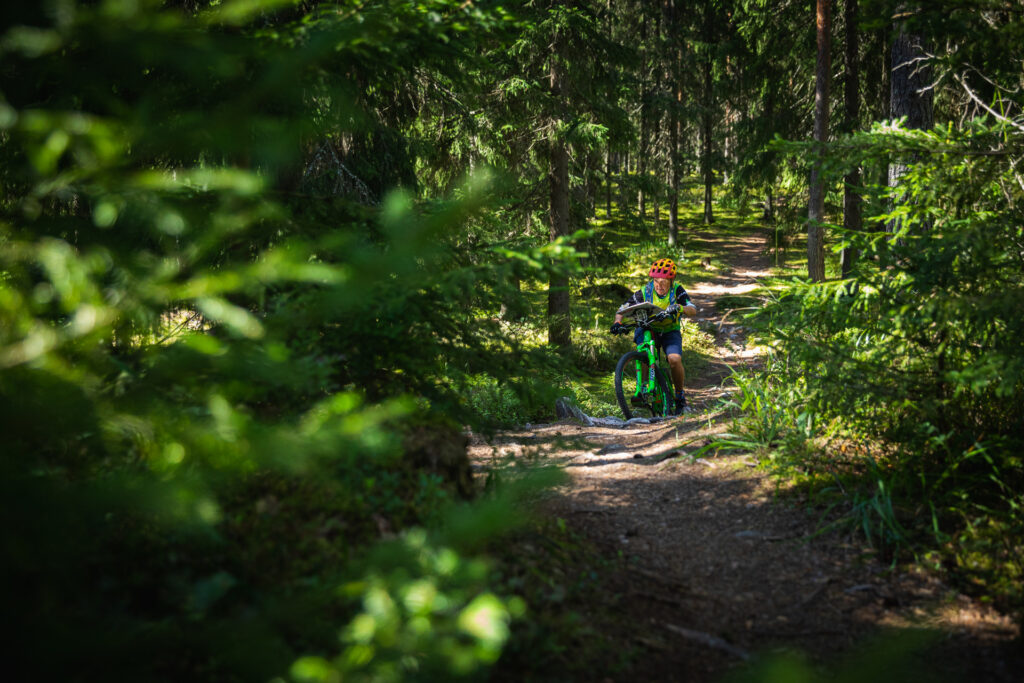 Henkilö maastopyöräilee metsäpolulla.