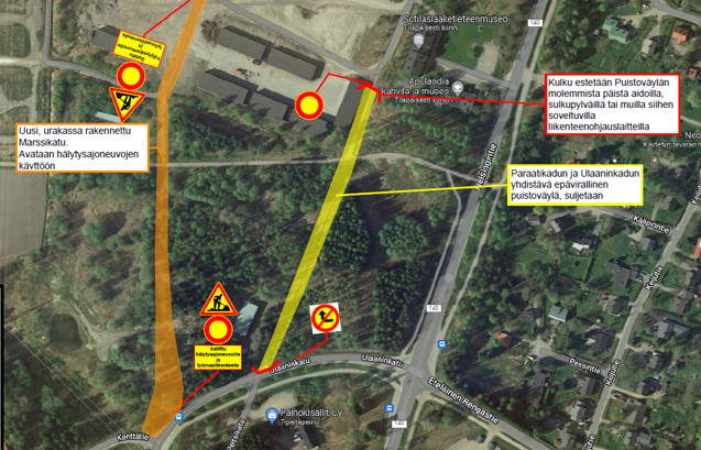 Kulku estetään Puistoväylän molemmista päistä aidoilla, sulkupylväillä tms. liikenteenohjauslaitteilla. Paraatikadun ja Ulaaninkadun yhdistävä epävirallinen puistoväylä suljetaan. Uusi, urakassa rakennettu Marssikatu avataan hälytysajoneuvojen käyttöön.