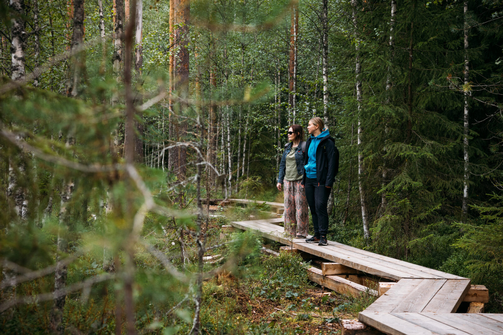 Kaksi kävelijää terveysmetsän pitkospuilla