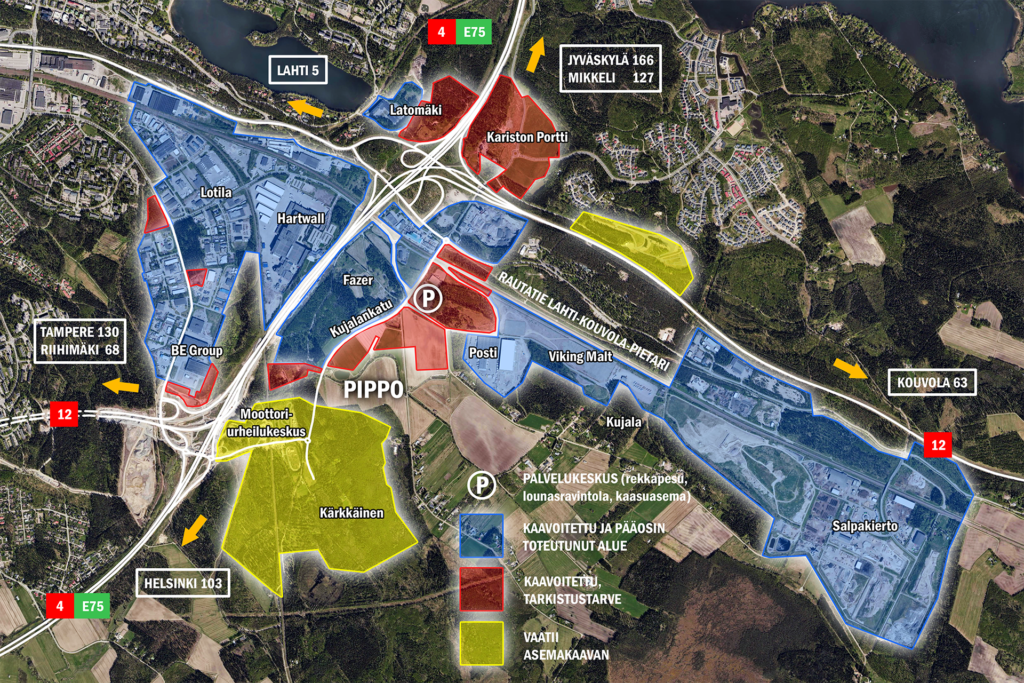 Havainnekartta Pippon yritysalueen suunnitelmista ja jo toteutuneista alueista