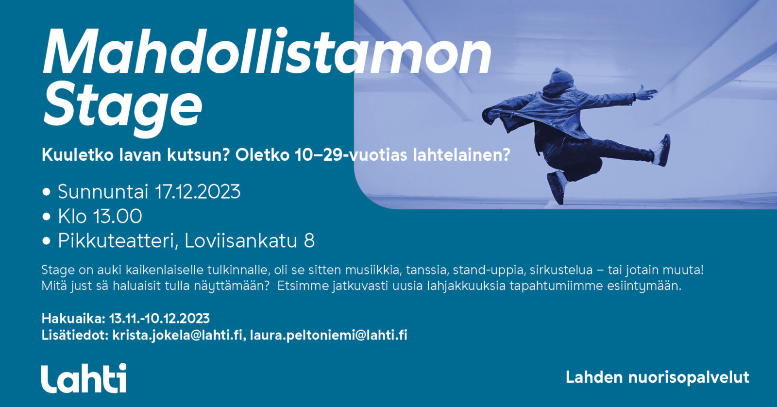 Lisätiedot: krista.jokela@lahti.fi, laura.peltoniemi@lahti.fi