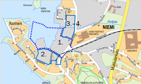 Karttakuva Niemen ranta-alueesta, kuvaan merkitty alueet ja suunnittelun vaiheet
