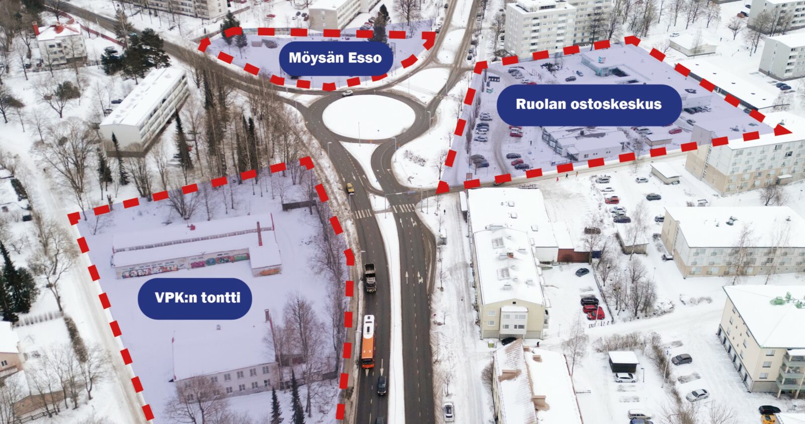 Ilmakuva Möysän liikenneympäristön läheisyydessä sijaitsevista tonteista