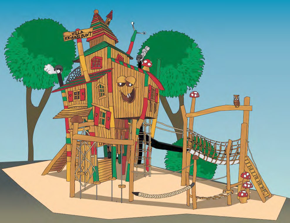 Piirros kuvaa uuden leikkivälineen puumajaseikkailumaista ja hauskaa luonnetta