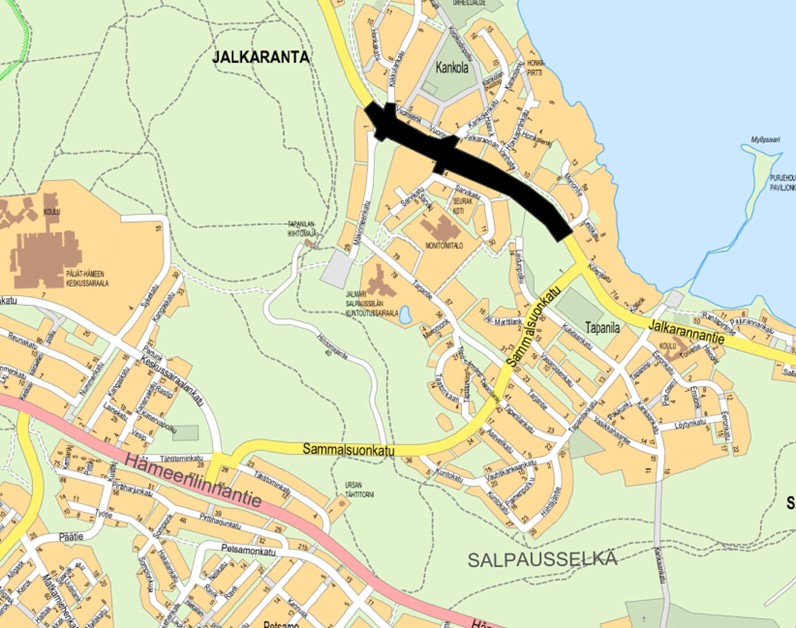 Jalkarannantien kiertoliittymät ja alikulkukäytävät, suunnittelualue kartalla